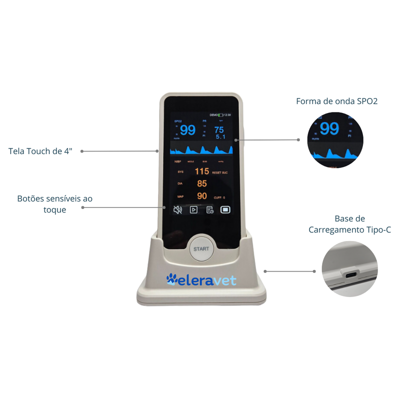 Monitor Multiparamétrico Portátil Touch Recarregável EV-MM4 Veterinário